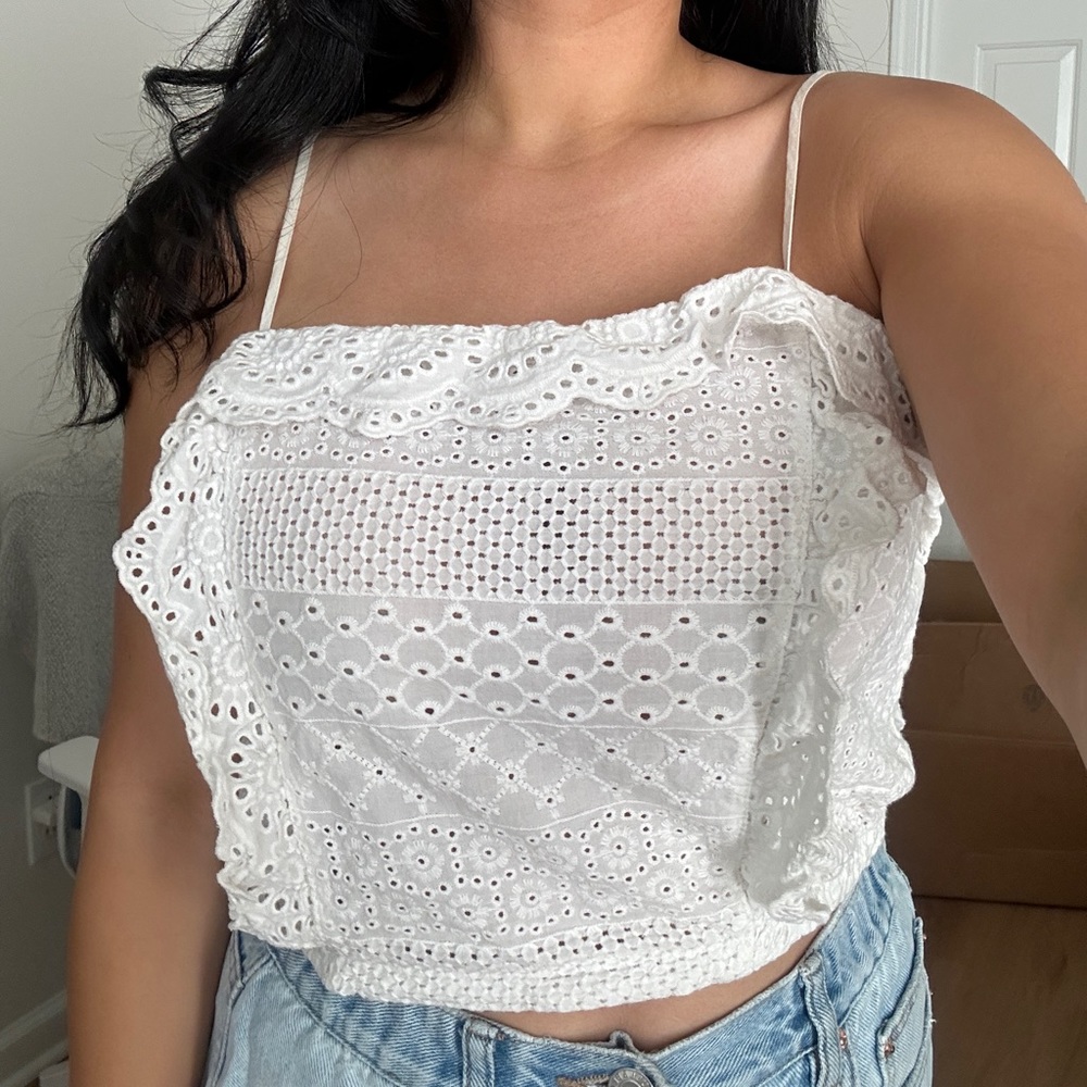 White Crop Ruffle Top - Picture 2 of 5